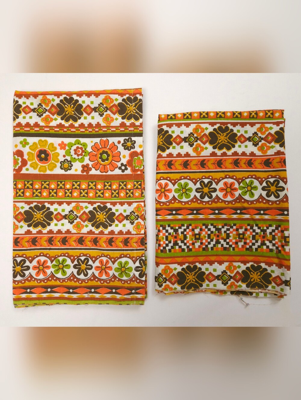 Fieldcrest Two Floral Fabric Pieces Vintage 1970s Marigold Avacado Green 5 Yards